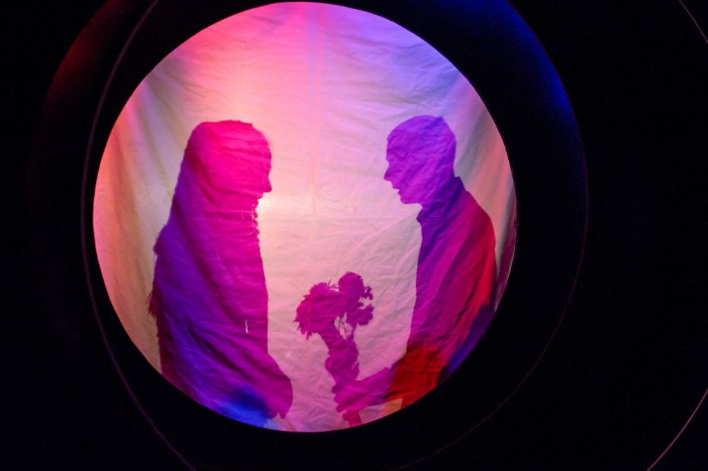 Schattenriss zweier Personen, die sich gegenüberstehen, eine hält einen Blumenstrauß, bunte Beleuchtung im Hintergrund.