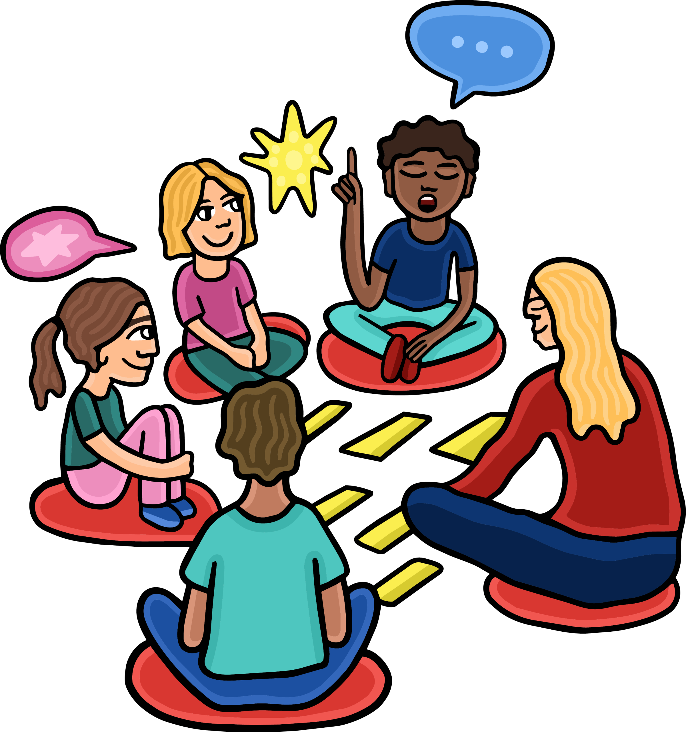 Bunte Illustration von einer Gruppe Kinder, die im Kreis sitzen und miteinander sprechen.