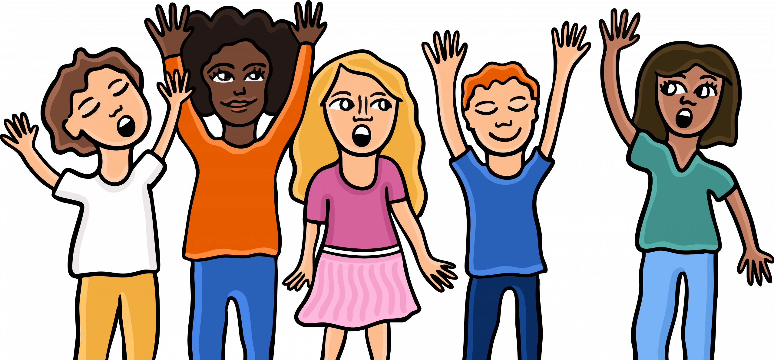 Fünf Kinder stehen nebeneinander mit erhobenen Armen, sie tragen bunte Kleidung und haben unterschiedliche Frisuren