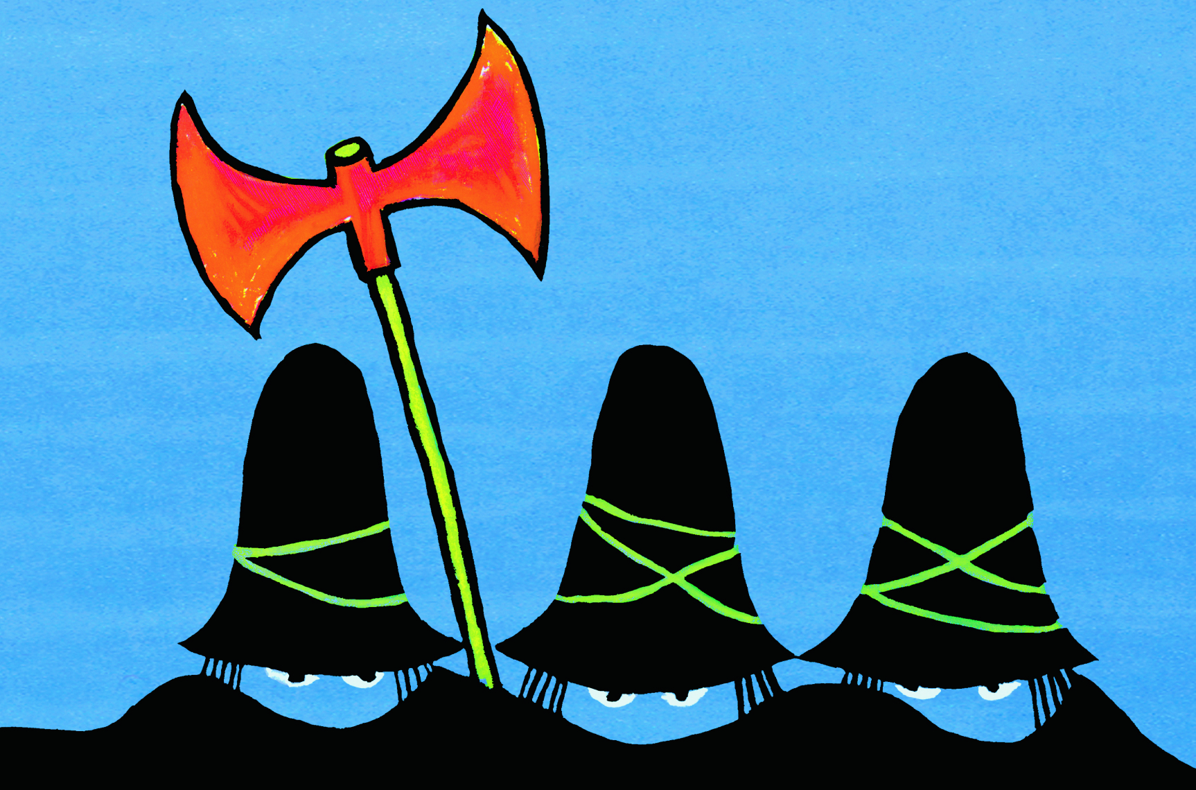 Illustration von drei Hüten und einer orangefarbenen Axt auf blauem Hintergrund, künstlerisch gestaltet.