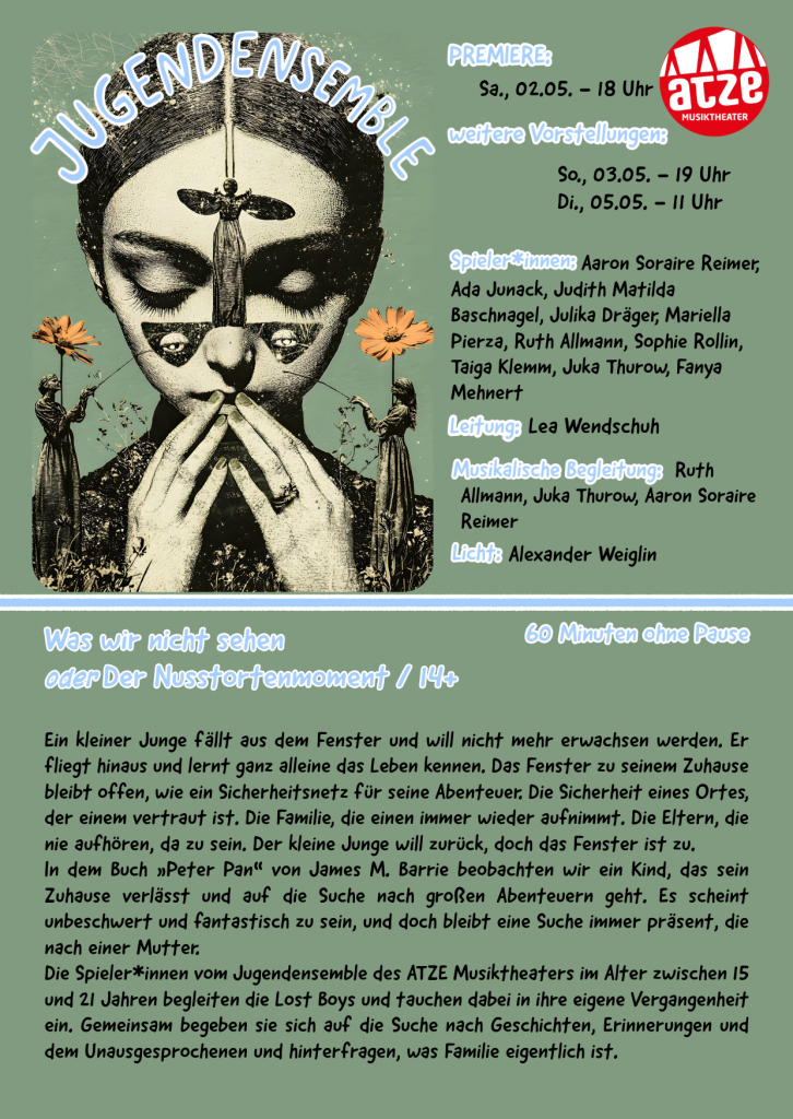 Flyer mit Informationen über das Jugendensemble und Stück, das es spielt. In der oberen linken Ecke ist das Gesicht einer Frau zu sehen, die sich an den Mund greift und dabei auf den Boden schaut.