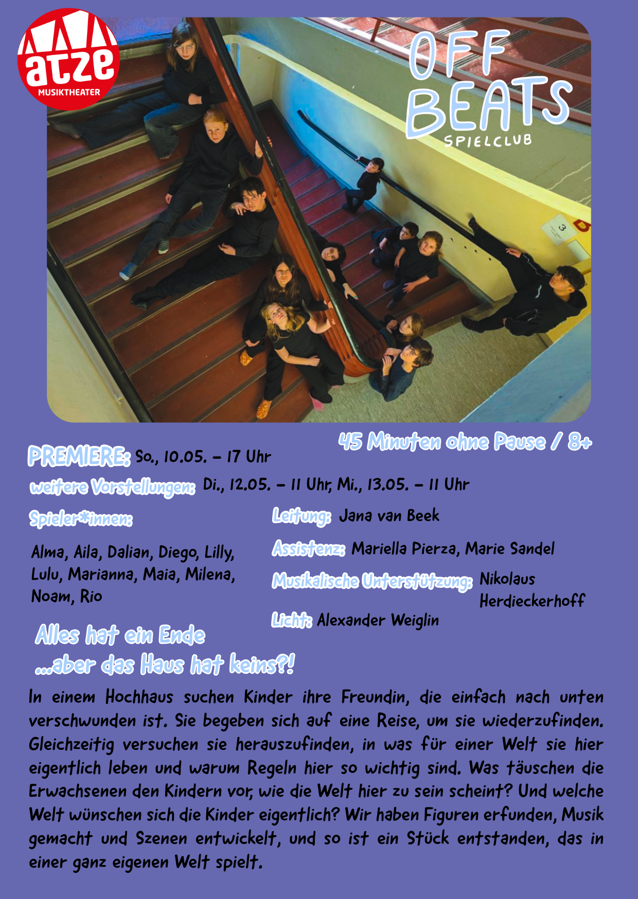 Flyer mit Informationen zu dem Spielclub Off Beats und dem Stück, dass gespielt wird. In der oberen Hälfte der Seite ist ein Foto, das die Kinder von oben auf einer Treppe sitzend zeigt.