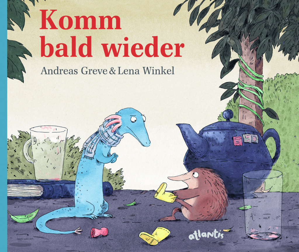 Illustration mit einem blauen, langhalsigen Tier und einem braunen Igel, die sich auf einem Tisch mit Teekanne, Gläsern und Papierstücken gegenüberstehen