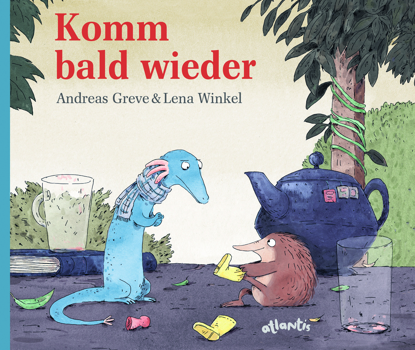 Illustration mit einem blauen, langhalsigen Tier und einem braunen Igel, die sich auf einem Tisch mit Teekanne, Gläsern und Papierstücken gegenüberstehen