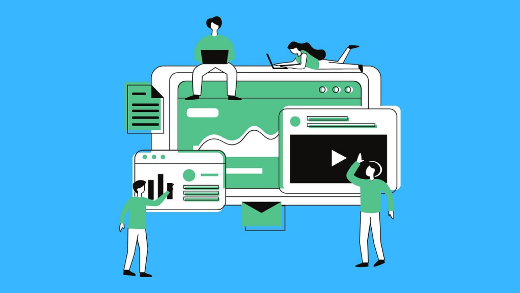 Vier stilisierte Personen interagieren mit übergroßen digitalen Bildschirmelementen vor blauem Hintergrund